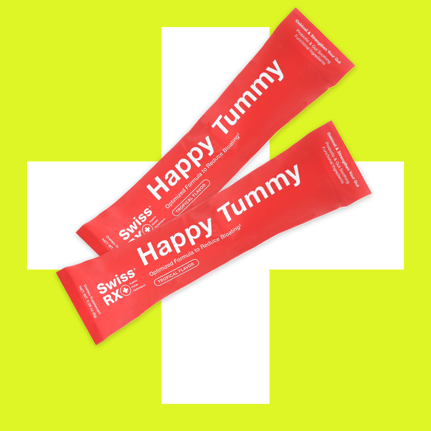 SwissRX Happy Tummy supplement sticks on bright yellow backdrop with white medical cross graphic