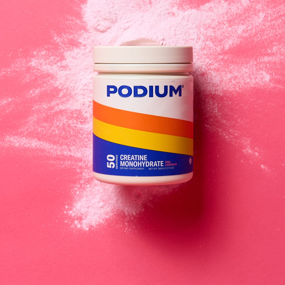 Podium Creatine Monohydrate in pink lemonade flavor — 50-serving creatine supplement for strength and muscle performance