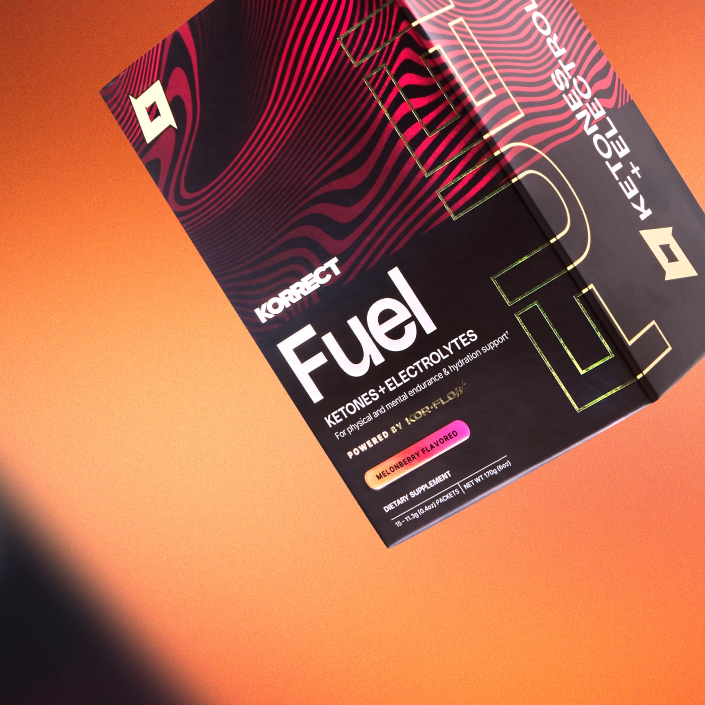 Korrect Fuel ketones plus electrolytes box floating on orange gradient background