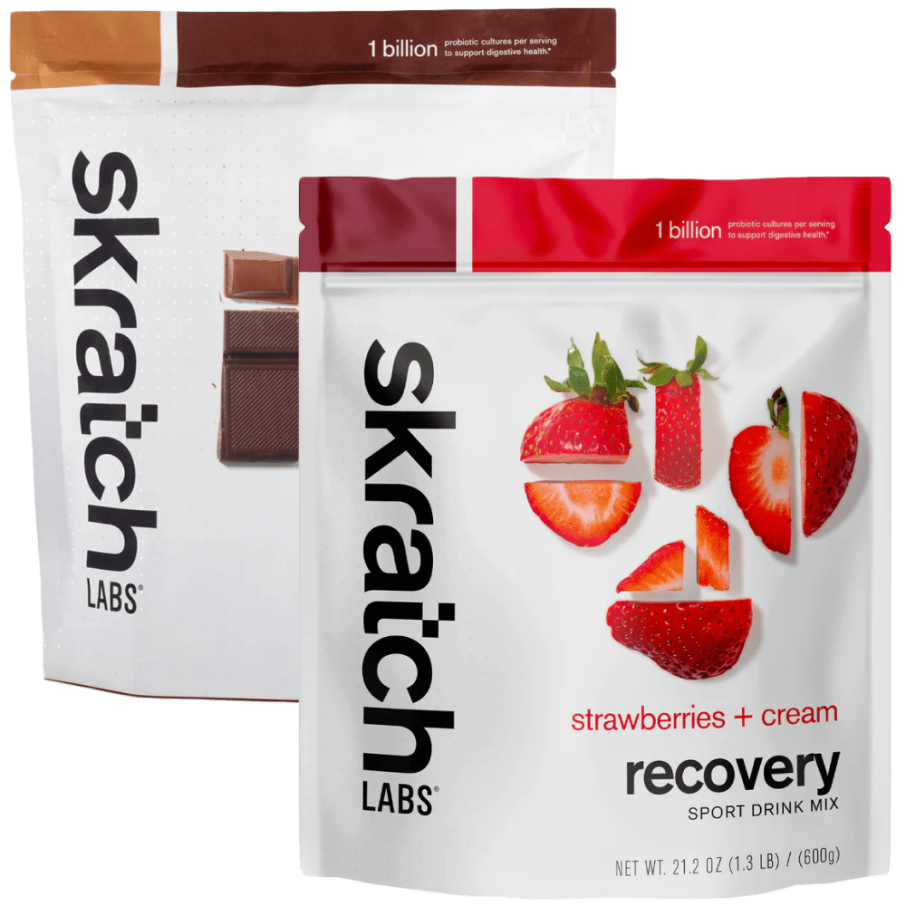 Skratch Labs Recovery Drink Mix in strawberries + cream and chocolate — protein recovery powder with probiotics for athletes