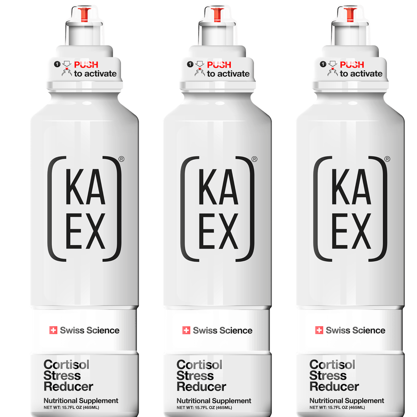 Three KA-EX Cortisol Stress Reducer drink bottles from Swiss Science