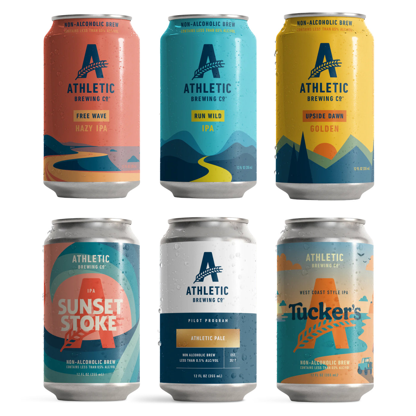 Colorful lineup of Athletic Brewing Co non-alcoholic beers, including Run Wild IPA, Free Wave Hazy IPA, and Upside Dawn Golden Ale.