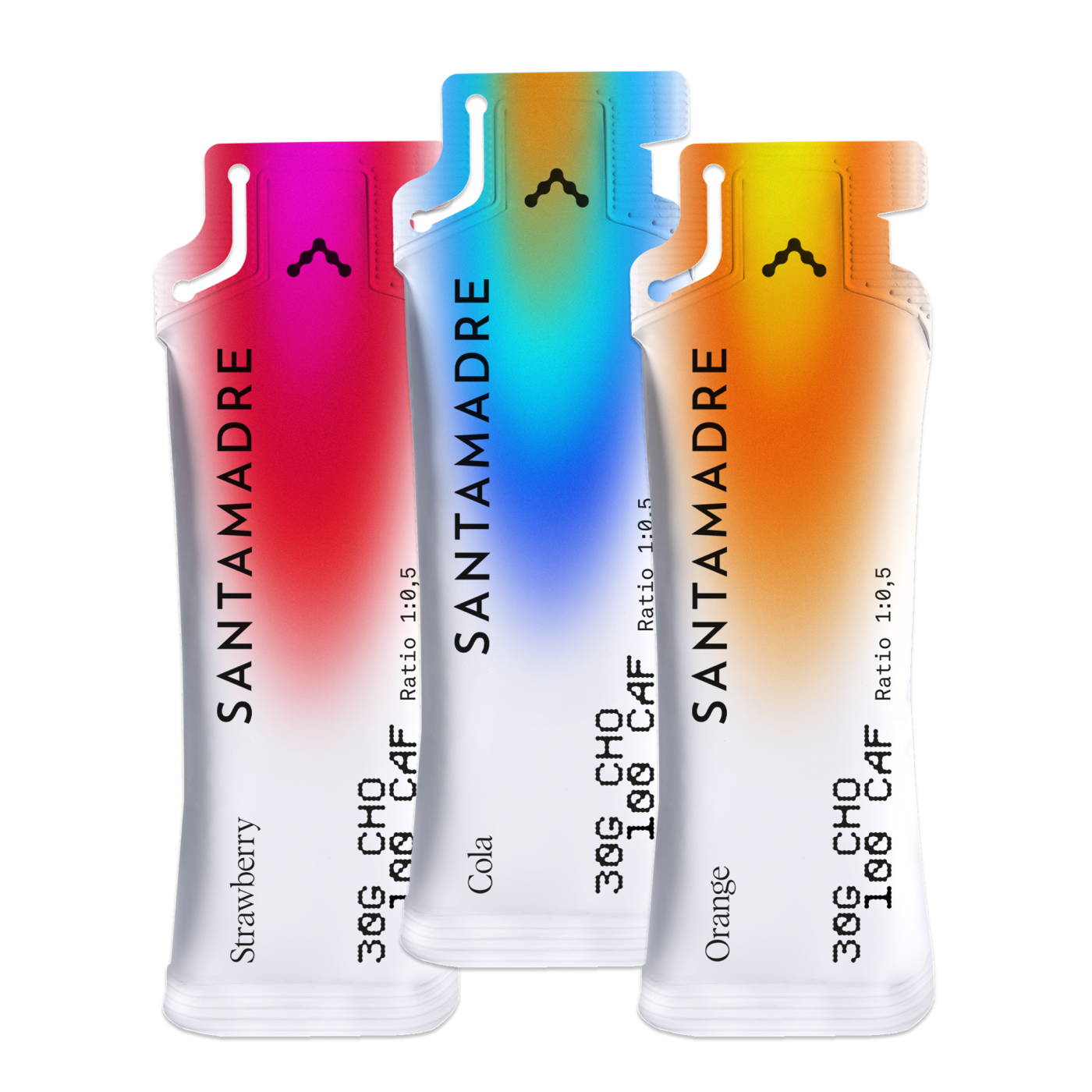 three colorful Santa Madre Energy Gel sachets 