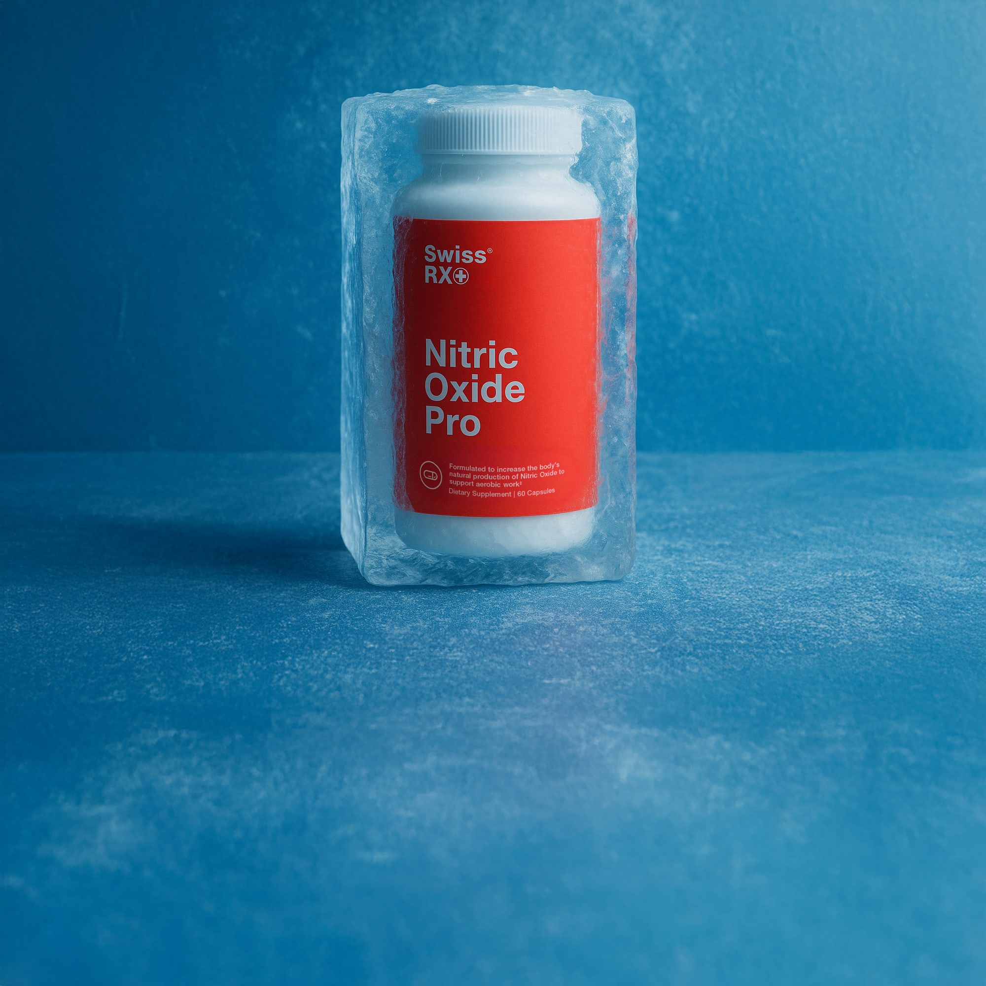 SwissRX Nitric Oxide Pro supplement bottle encased in a clear block of ice on a blue frozen surface, with crisp frost textures and a cold winter studio backdrop