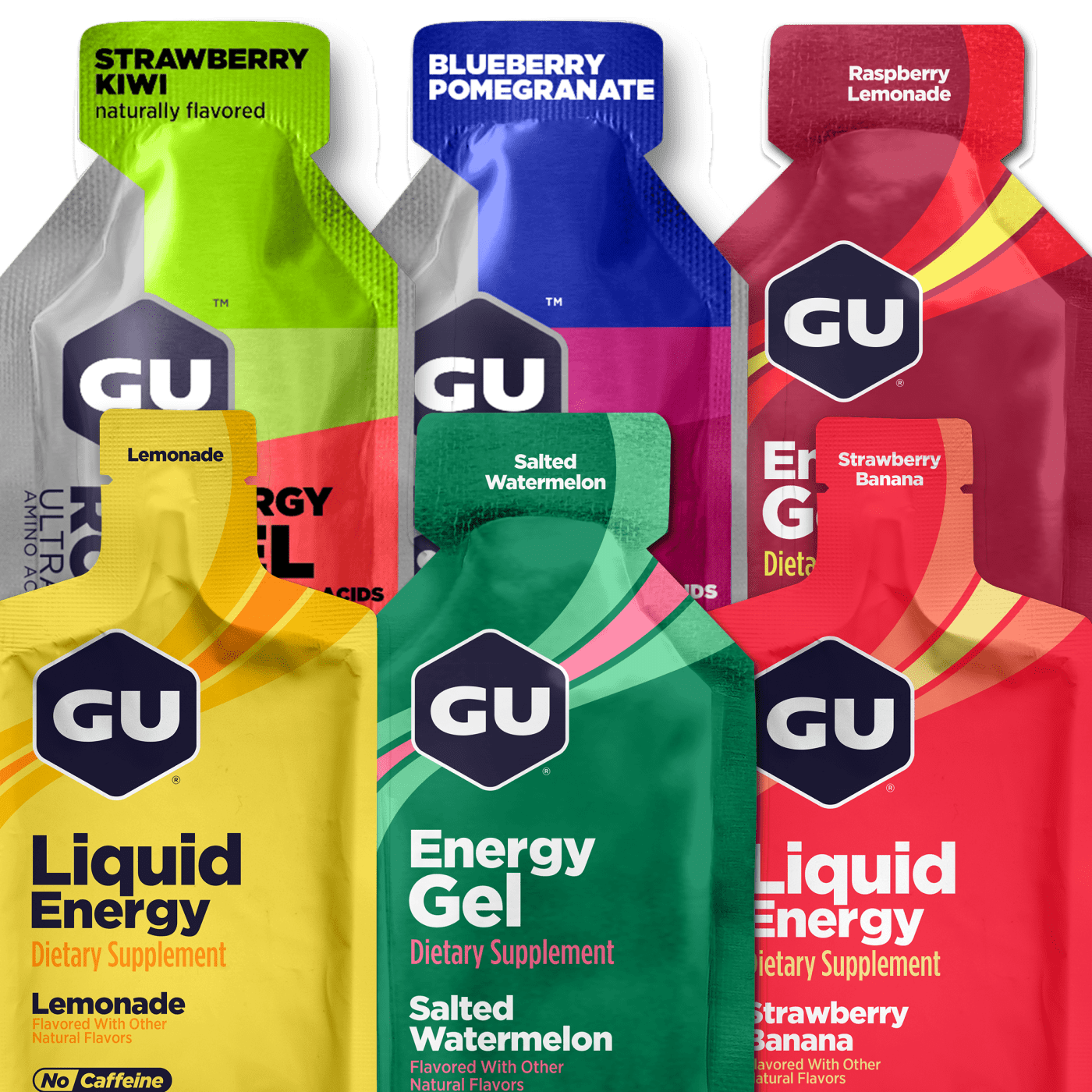 GU Energy Gel and Liquid Energy packets in assorted flavors for endurance athletes