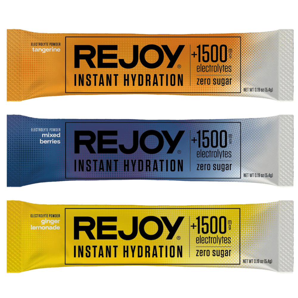 Rejoy Instant Hydration electrolyte powders in tangerine, mixed berries, and ginger lemonade — zero sugar, 1500mg electrolytes
