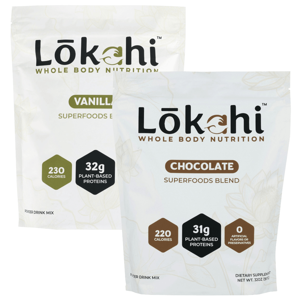 Lokahi Whole Body Nutrition superfood drink mixes in chocolate and vanilla flavors, showcasing plant-based protein and clean ingredients.