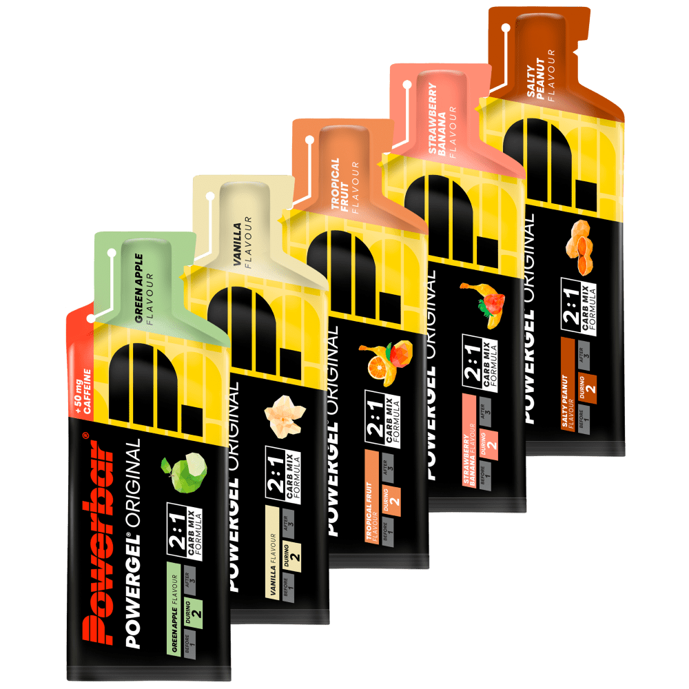 Powerbar PowerGel Original energy gels in assorted flavors — 2:1 carb blend with sodium and caffeine options
