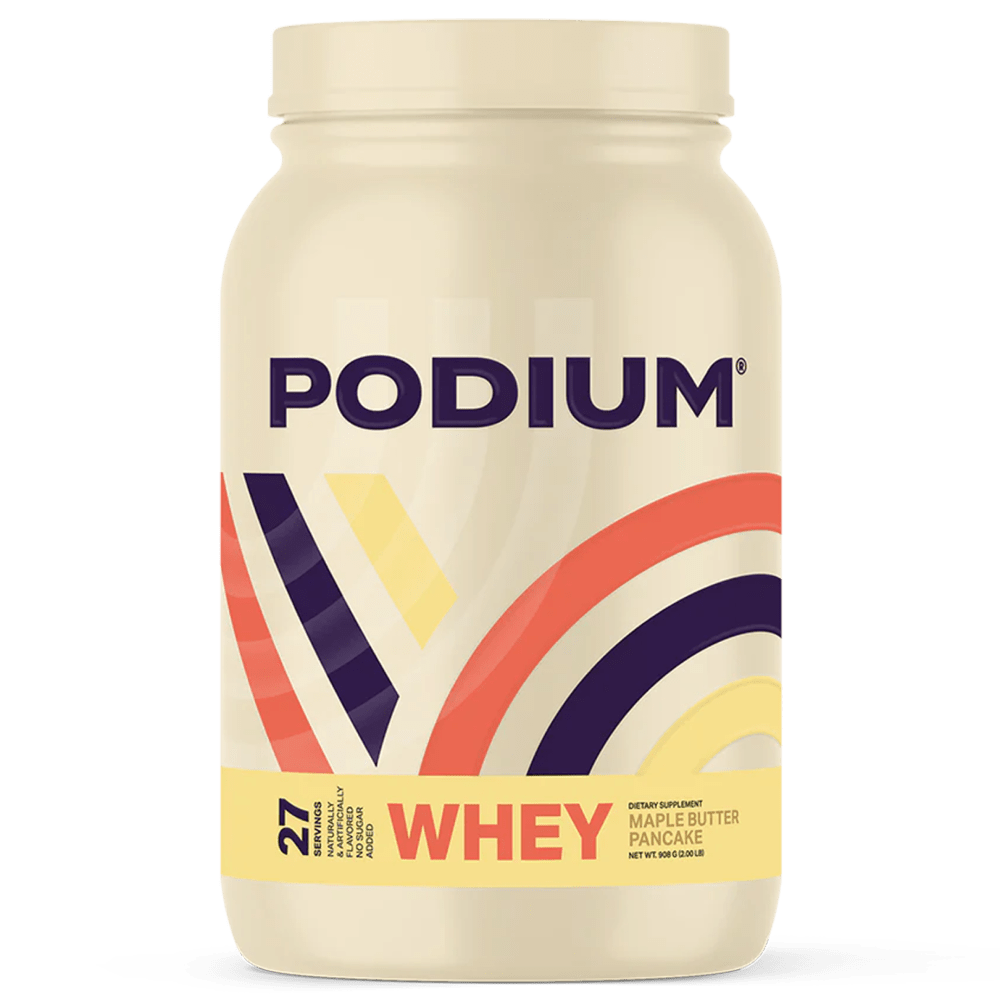 Podium Whey Protein in maple butter pancake flavor — 27-serving post-workout protein powder with naturally occurring BCAAs