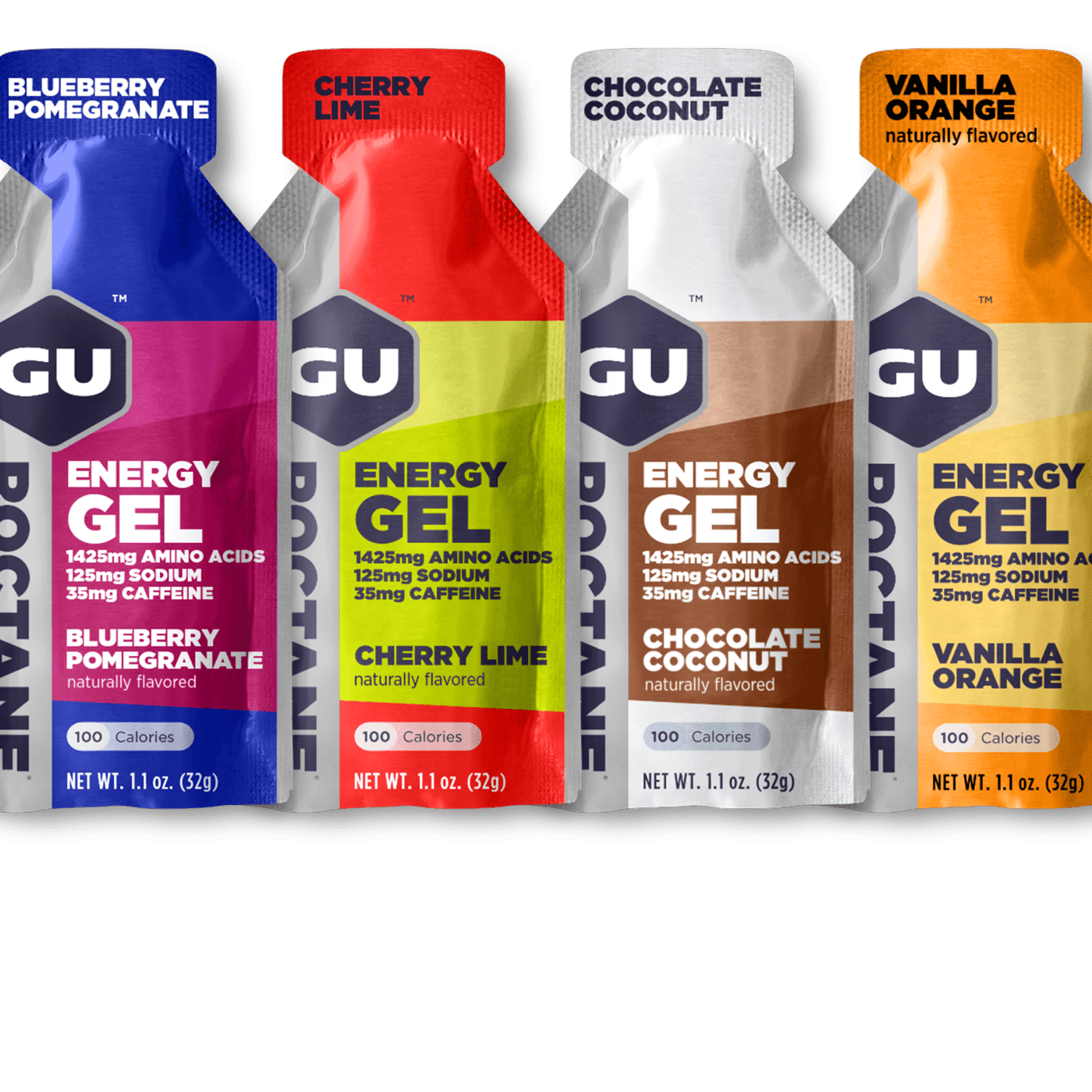 GU Energy Gel packets in multiple flavors including Blueberry Pomegranate, Cherry Lime, Chocolate Coconut, and Vanilla Orange