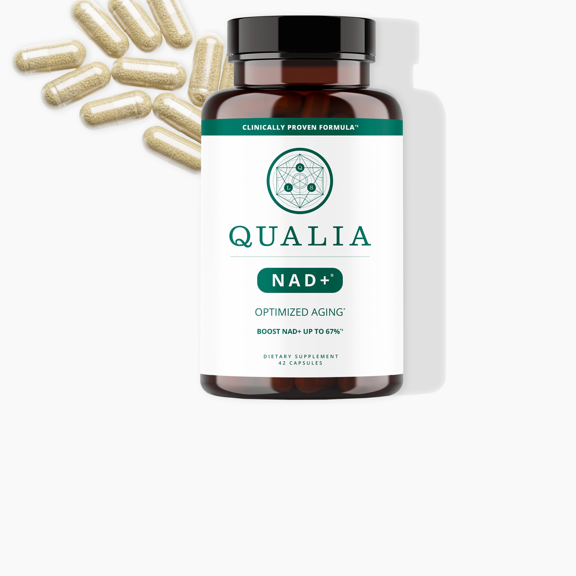 Qualia NAD+ supplement capsules with bottle for optimized aging and cellular energy support