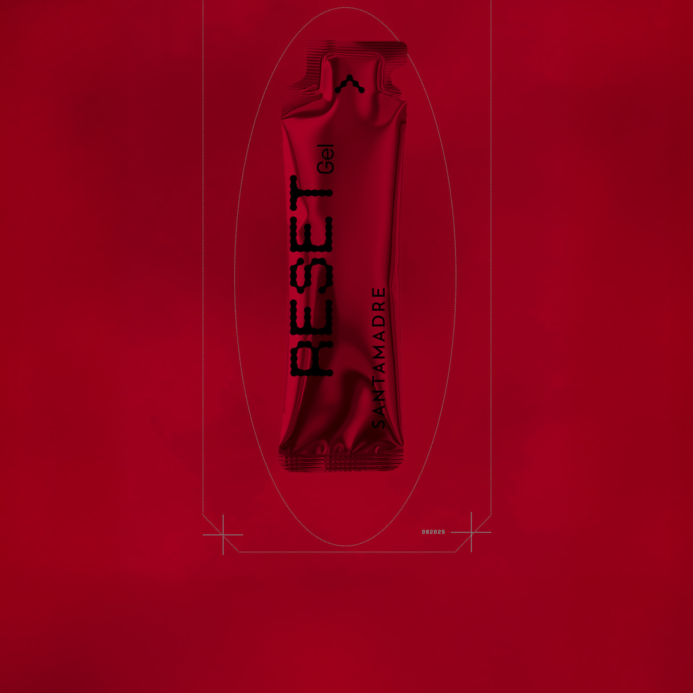 Reset Gel red fuel packet centered on dark red minimalist technical blueprint background