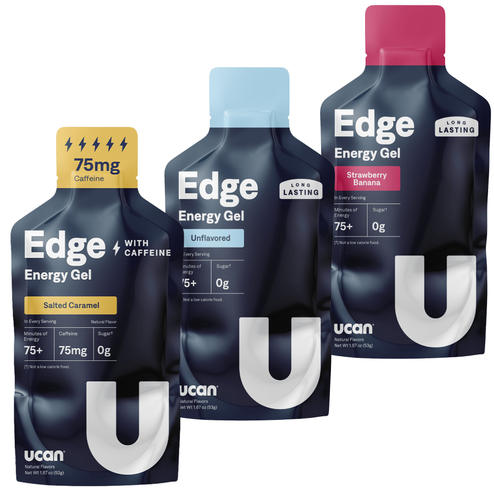 UCAN Edge Energy Gels in salted caramel, strawberry banana, and unflavored — long-lasting fuel with 0g sugar and 75+ minutes of energy