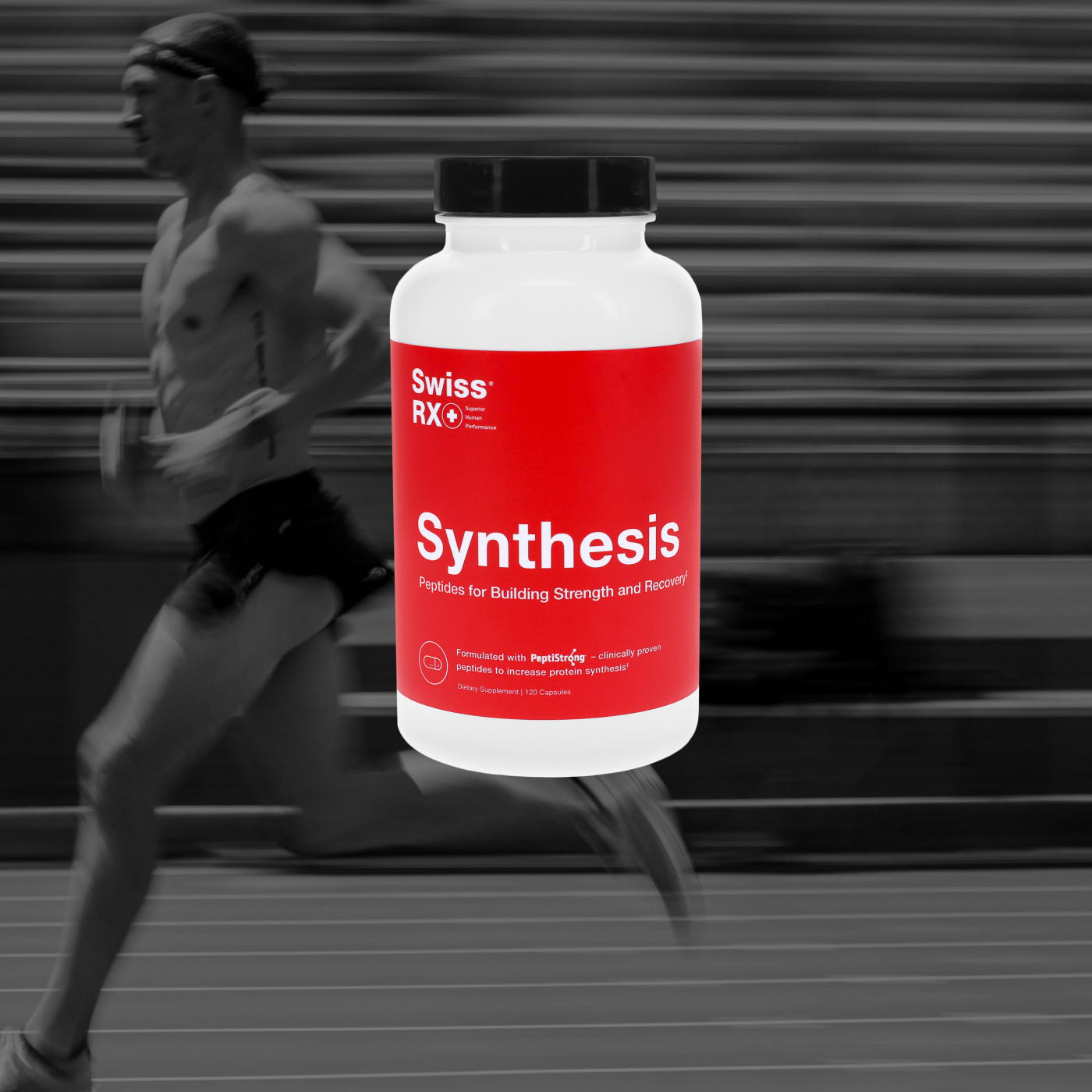 SwissRX Synthesis supplement with PeptiStrong peptides for building strength and recovery, white bottle with red label over black and white image of runner on track