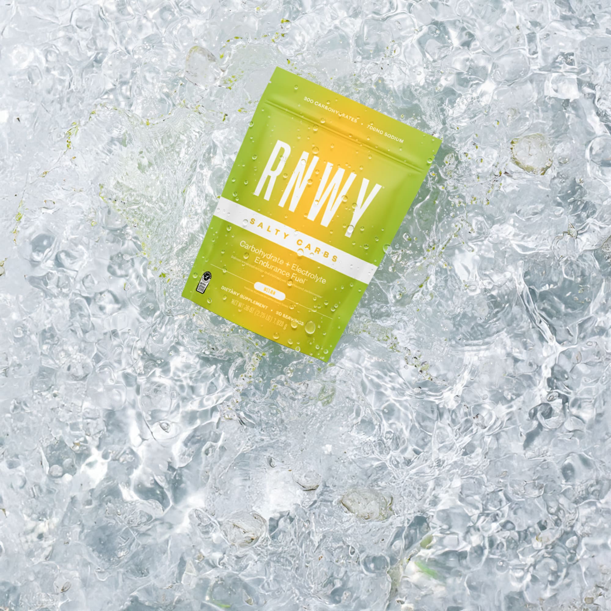 RNWY Salty Carbs packet photographed on ice for cold refreshing hydration