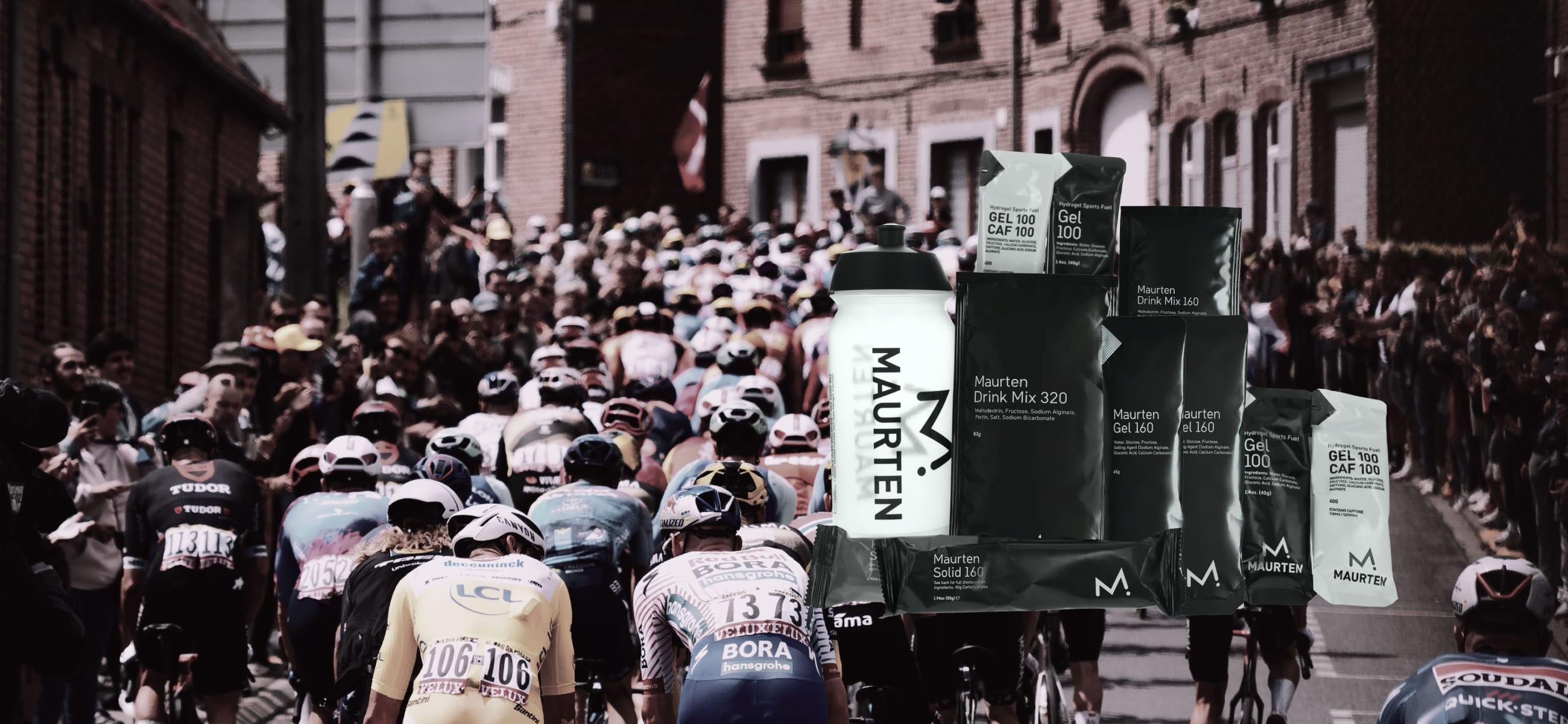 Maurten sports nutrition lineup including Drink Mix, Gel, and Solid products, displayed over background of professional cycling peloton in race through town streets