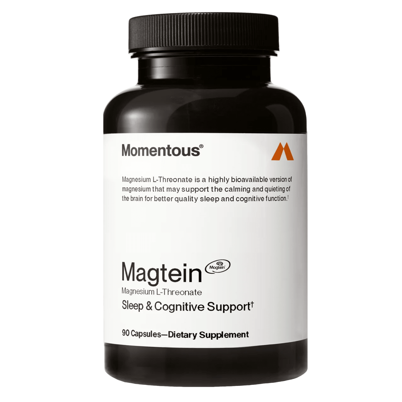 Product image of Momentous Magtein Magnesium L-Threonate, 90-capsule dietary supplement formulated for sleep and cognitive support, promoting relaxation, brain health, and improved sleep quality.