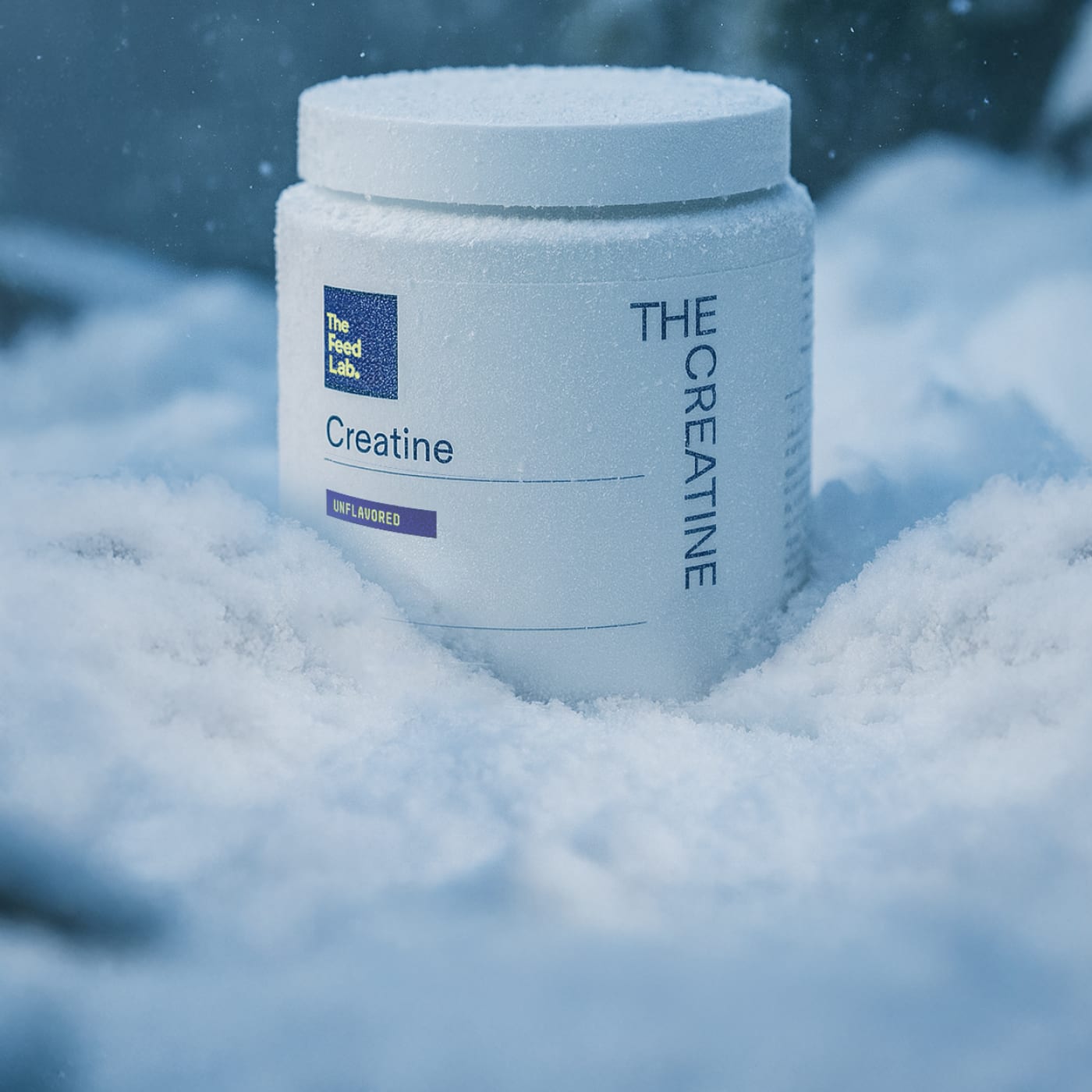 The Feed Lab Creatine supplement container partially buried in fresh snow, showcasing unflavored creatine for strength, power, and winter training recovery