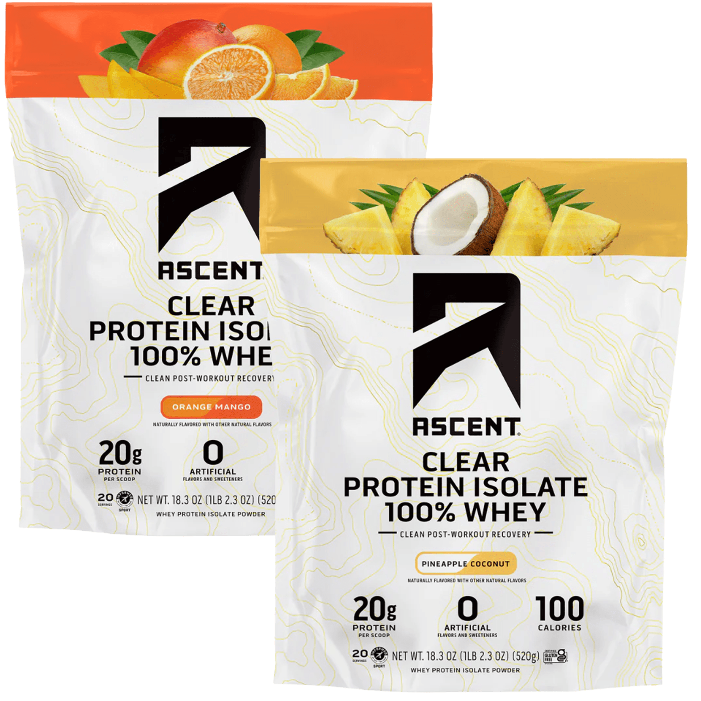Ascent Clear Protein Isolate in Orange Mango and Pineapple Coconut — 100% whey isolate with 20g protein and 0 artificial ingredients