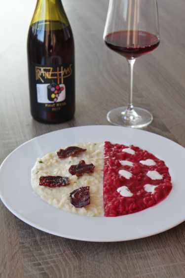 Doppio risotto bicolore alla barbabietola rossa e formaggio caprino - laterale