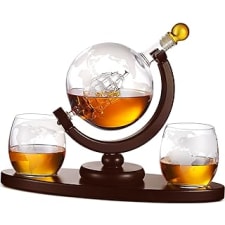 whiskey decanter globe set with 2 etched whiskey glasses - for liquor scotch bourbon vodka, gifts for men - 850ml