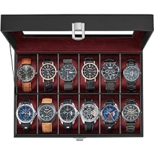 songmics watch box, 12-slot watch case with large glass lid, removable watch pillows, watch box organizer, gift for loved ones, black synthetic leather, wine red lining ujwb120r01