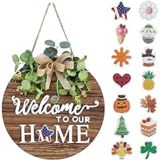 interchangeable seasonal welcome sign front door decoration, rustic round wood wreaths wall hanging outdoor, farmhouse, porch, for spring summer fall all seasons holiday halloween christmas.