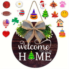 round wooden interchangeable seasons welcome sign wreaths for front door, perfect for spring, summer, autumn, and winter, farmhouse porch and home decor, new home housewarming door decor gifts
