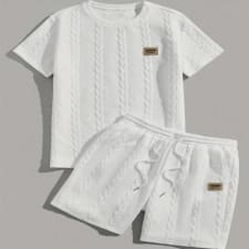 men's casual knit clothing set - solid color, short sleeve & drawstring shorts, breathable polyester blend, round neck