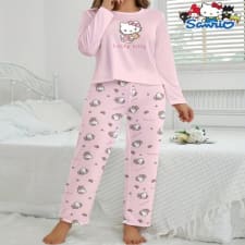 [authorized] women's sanrio hello kitty pajamas autumn and winter home clothes round neck long sleeve pants love letter bow cartoon print comfortable warm pajamas set