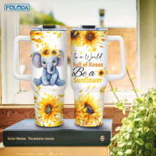 foloda insulated stainless steel tumbler 40oz with handle and straw - oval sunflower elephant design - hand wash only - pvc free - ideal for running, camping - great for christmas, valentine's, mother's day gifts