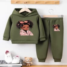 girl's 2pcs cartoon dolls print thermal long-sleeve hooded sweatshirt top + jogger pants set - ideal for casual outings, winter & fall outdoor clothes, gift