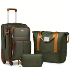 soft edge luggage set of 3 pieces, expandable 20 inch carry on luggage 22x14x9, approved by the airline, with tsa lock wheels, lightweight rolling luggage for men and women, green/brown