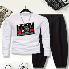 1set kuqiqiboy youth boys casual "next level" fashion sweatpants and long sleeve shirt set, geometric pattern, polyester knit with spandex, regular fit, stretchy, for autumn/winter, for outdoor