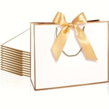 10pcs elegant golden bow tie ribbon handle gift bags - versatile paper bags for bridal shower, birthday, bachelor party & all occasions - eco-friendly kraft bags for books, pajamas, cosmetics