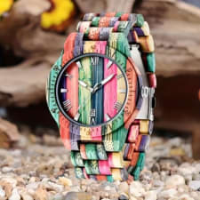 bamboo watch - handcrafted multi-colored bamboo wrist watch - round quartz movement, date feature, luminous hands, folding clasp - party style -  unique gift for father or son - timeless style, boldly you!