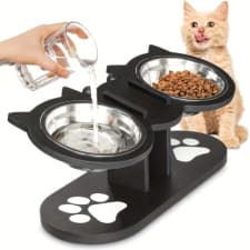 elevated cat bowls set, 15° tilted pet feeding dishes with wooden stand, adjustable height for cats and small dogs, uncharged, no battery required