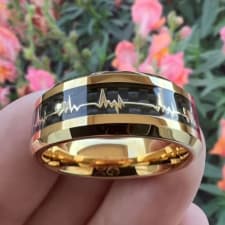 durable tungsten steel couple ring - timeless black with vibrant golden ecg pattern - stylish mens engagement & wedding band for romantic moments