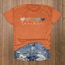 vibrant heart & teacher letter print t-shirt - short sleeve crew neck, soft breathable fabric, relaxed fit, casual wear for summer & spring - women's fashion clothing, perfect for teacher appreciation day