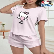 sanrio hello kitty women's pajama set - cute cartoon print, comfy polyester blend, round neck short sleeve & shorts sleepwear