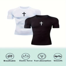 two-pack men's quick-drying short sleeve round neck tight sports t-shirts - breathable, moisture-wicking, four-way stretch for gym, running, outdoor climbing, football and more - solid color with chest cross print design