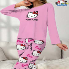 women's cute hello kitty & letter print pajama set, long sleeve round neck top & pants, comfortable relaxed fit for fall