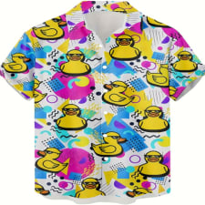 mens vibrant retro cartoon ducks print short sleeve button-up lapel shirt - allover hawaiian style, relaxed fit, breathable fabric, perfect for summer resort vacation, casual daily wear