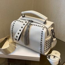 vintage-inspired tassel embellished boston handbag - women's fashion crossbody bag with studded decor, chains shoulder strap, and y2k style novelty design - perfect for wedding party, designer messenger purse with punk rock flair