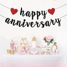 happy anniversary banner - black, high-quality bamboo fiber paper, versatile decor for parties & celebrations