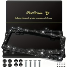 2pcs bling license plate frames for women, sparkly rhinestone diamond car accessories with glitter crystal caps (white)