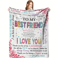 1pc cozy heartwarming friendship flannel fleece blanket - throws with sentimental quotes, soft pink and white cabin style design - ideal for couch and bed decor, best friend gift, winter warmth companion