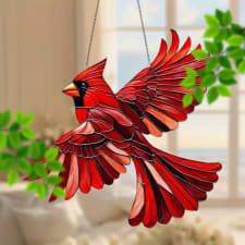 christmas cardinal bird suncatcher - 8" hanging animal decoration, gift for mom, birthday present for her, inspiring retirement gifts for women, holiday home & wall decor, festive room ornament