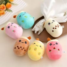 6pcs cute fruit milk tea cup plush doll keychains, fabric toy with metal chain for bag, backpack, purse ornament, party favors, no power required