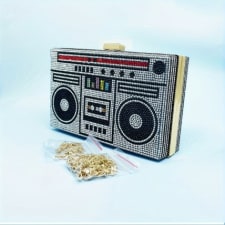 retro cassette tape design evening clutch, rhinestone box dinner bag, vintage style hand fashion purse